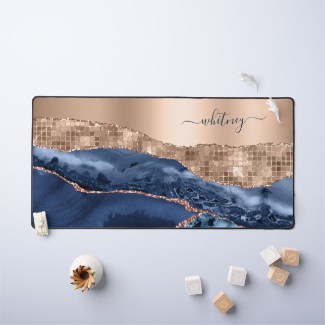 Modern Abstract Rose Gold Indigo Blue Agate Marble Desk Mat (Kids Table)