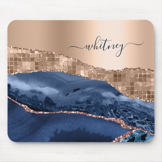 Modern Abstract Rose Gold Indigo Blue Agate Marble Mouse Pad (Front)