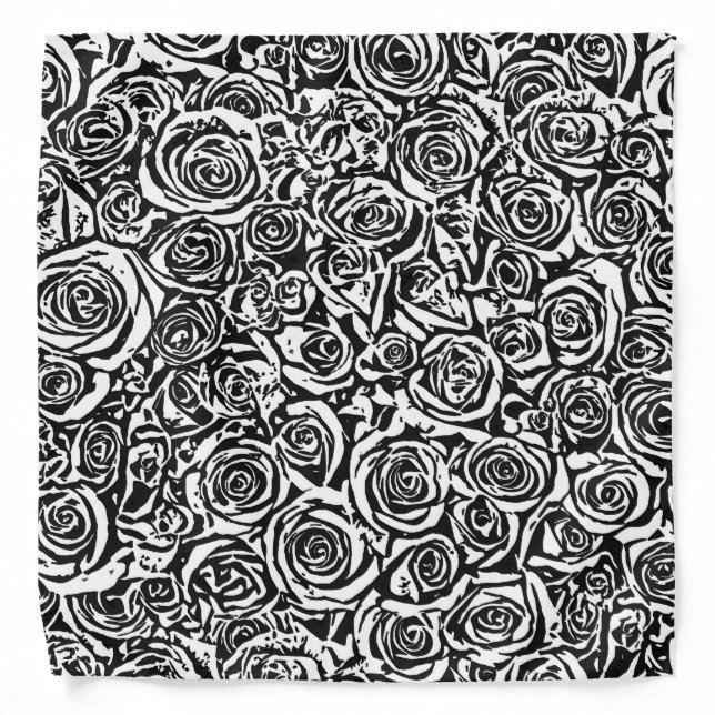 Modern Abstract Rose Pattern, Black and White Bandana (Front)
