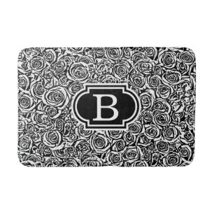 Modern Abstract Rose Pattern, Black and White Bathroom Mat