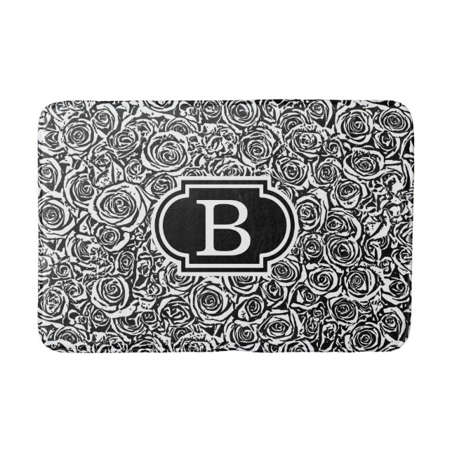 Modern Abstract Rose Pattern, Black and White Bathroom Mat (Front)