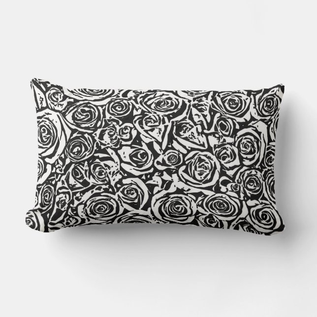 Modern Abstract Rose Pattern, Black and White Lumbar Pillow (Front)