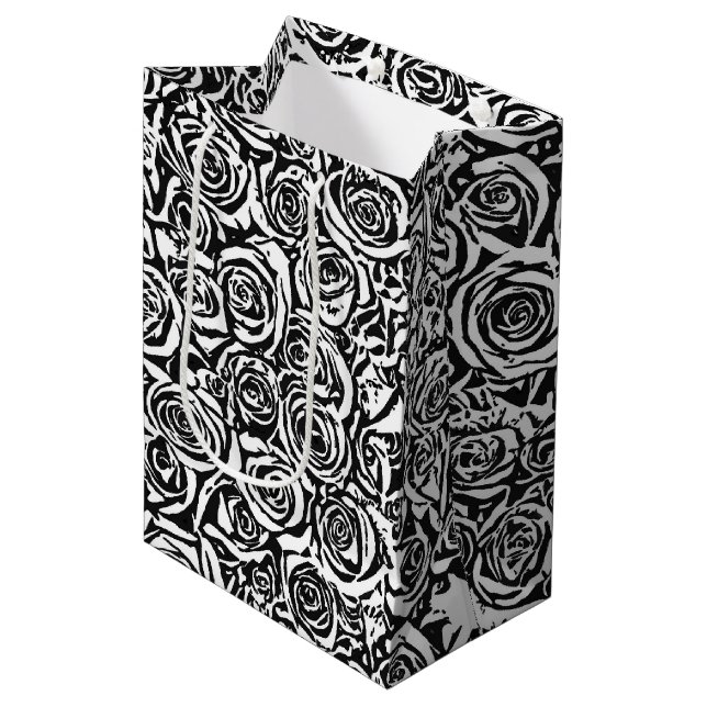 Modern Abstract Rose Pattern, Black and White Medium Gift Bag (Front Angled)
