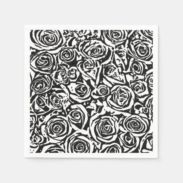 Modern Abstract Rose Pattern, Black and White Paper Napkins (Front)