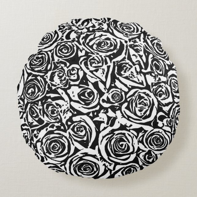 Modern Abstract Rose Pattern, Black and White Round Pillow (Front)