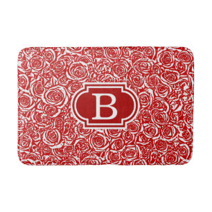 Modern Abstract Rose Pattern, Dark Red and White Bathroom Mat