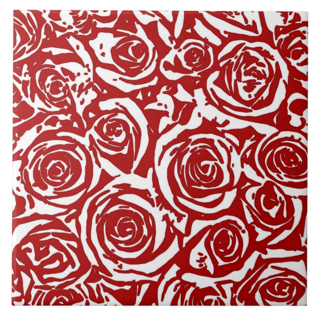 Modern Abstract Rose Pattern, Dark Red and White C Ceramic Tile (Front)