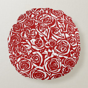 Modern Abstract Rose Pattern, Dark Red and White Round Pillow