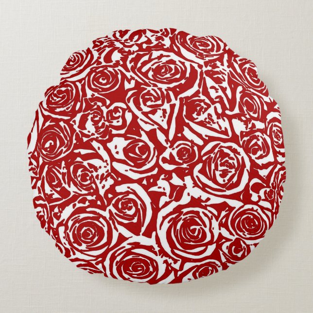 Modern Abstract Rose Pattern, Dark Red and White Round Pillow (Front)