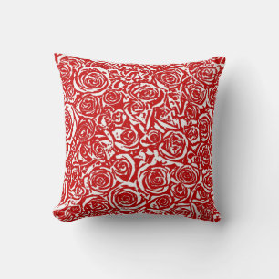 Modern Abstract Rose Pattern, Dark Red and White Throw Pillow