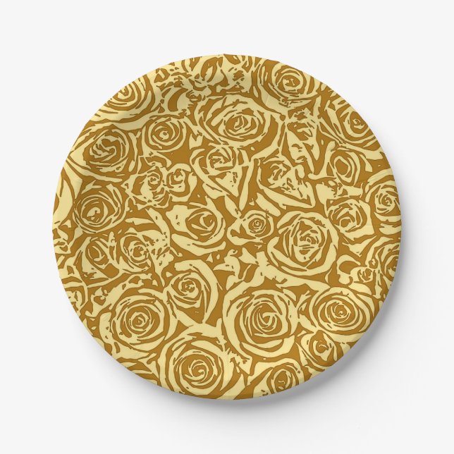 Modern Abstract Rose Pattern, Mustard Yellow Paper Plates (Front)