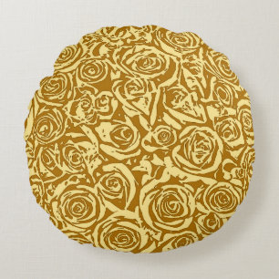 Modern Abstract Rose Pattern, Mustard Yellow Round Pillow