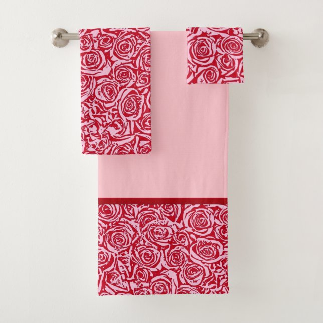 Modern Abstract Rose Pattern, Rose Red and Pink Bath Towel Set (Insitu)