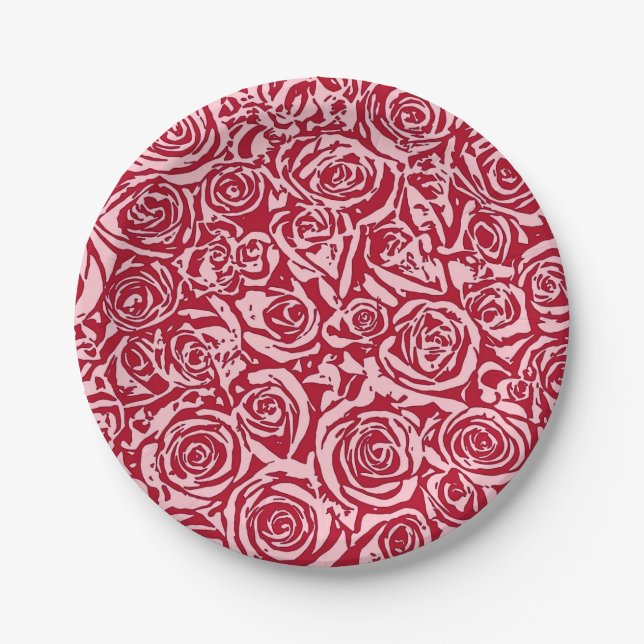 Modern Abstract Rose Pattern, Rose Red and Pink Paper Plates (Front)