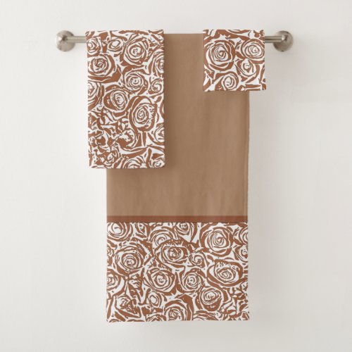 Modern Abstract Rose Pattern Taupe Tan and White Bath Towel Set