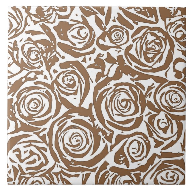 Modern Abstract Rose Pattern, Taupe Tan and White Ceramic Tile (Front)