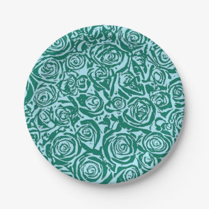 Modern Abstract Rose Pattern, Teal and Aqua Paper Plates