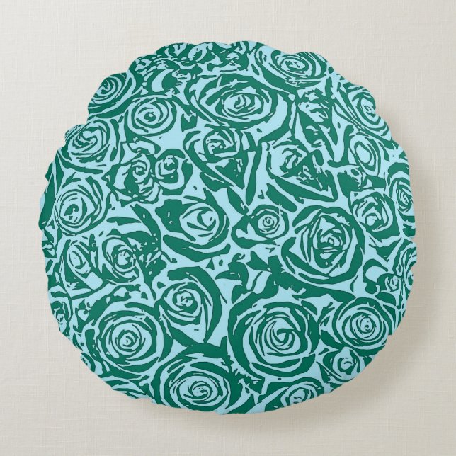 Modern Abstract Rose Pattern, Teal and Aqua Round Pillow (Front)