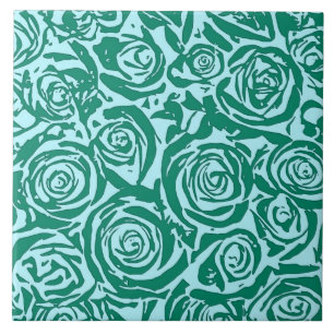 Modern Abstract Rose Pattern, Turquoise and Aqua Ceramic Tile