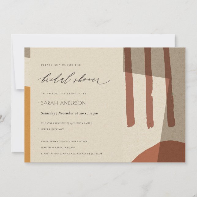 MODERN ABSTRACT RUST YELLOW ARTISTIC BRIDAL SHOWER INVITATION (Front)