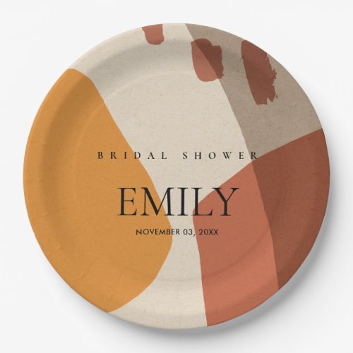 MODERN ABSTRACT RUST YELLOW ARTISTIC BRIDAL SHOWER PAPER PLATES