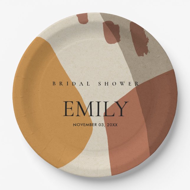 MODERN ABSTRACT RUST YELLOW ARTISTIC BRIDAL SHOWER PAPER PLATES (Front)
