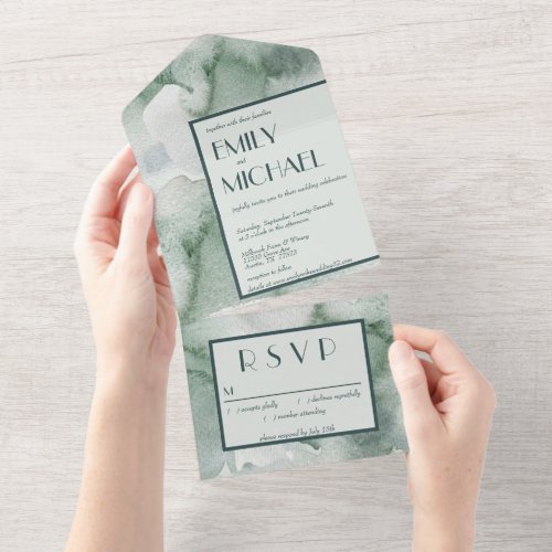 Modern Abstract Sage Green Moss Watercolor All In One Invitation