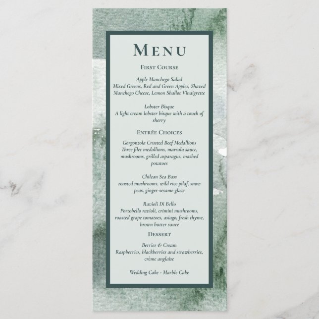 Modern Abstract Sage Green Moss Watercolor Menu (Front)