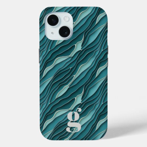 Modern Abstract Sea Green Layered Monogrammed iPhone 15 Case
