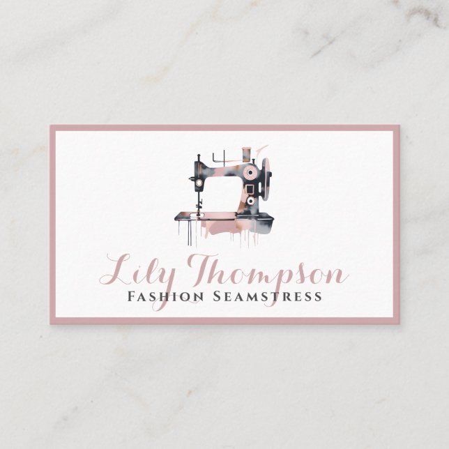 Modern Abstract Sewing Machine QR Code Dusty Rose Business Card (Front)