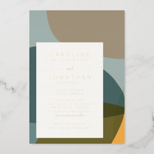 Modern Abstract Shape Teal Taupe Chic Wedding Gold Foil Invitation