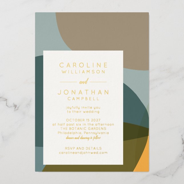 Modern Abstract Shape Teal Taupe Chic Wedding Gold Foil Invitation (Front)