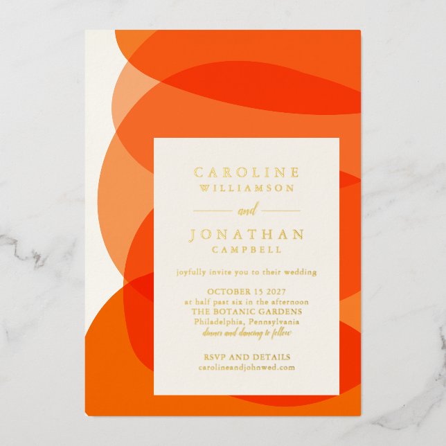 Modern Abstract Shapes in Orange Chic Wedding Foil Invitation (Front)