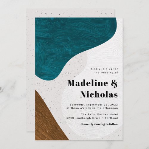 Modern Abstract Shapes Teal  Brown Wedding Invitation