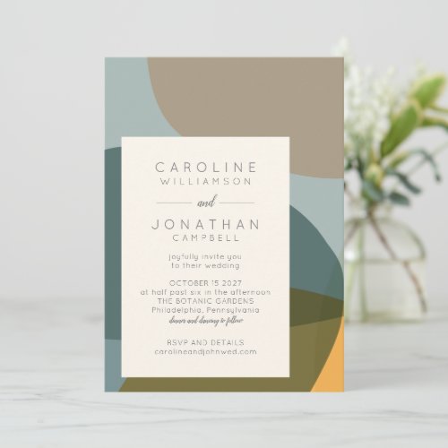 Modern Abstract Shapes Teal Taupe Chic Wedding Invitation