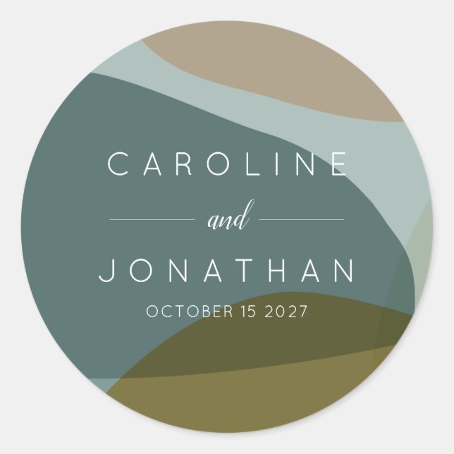 Modern Abstract Shapes Teal Taupe Custom Wedding Classic Round Sticker (Front)