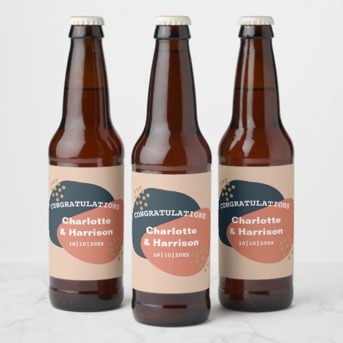 Modern Abstract Shapes Terracotta Navy Wedding Beer Bottle Label