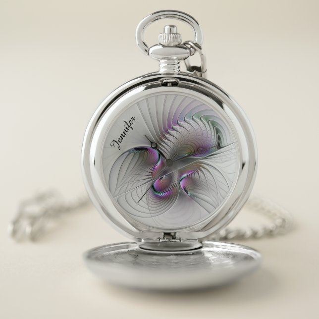 Modern Abstract Shy Fantasy Figure Fractal Name Pocket Watch (Inside)