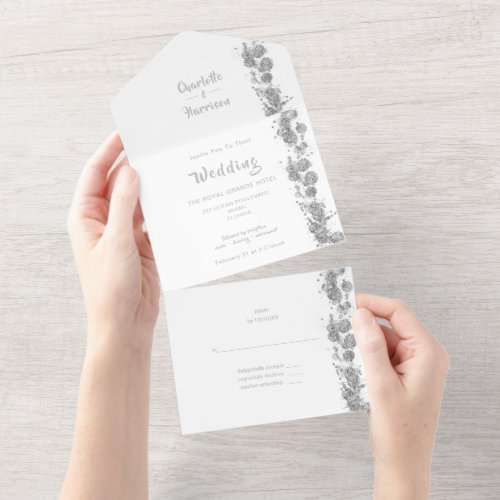 Modern Abstract Silver White Wedding All In One Invitation