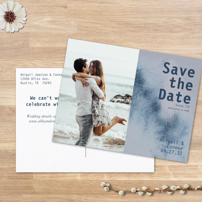 Modern Abstract Slate Blue Gray Mist Save the Date Announcement Postcard (Creator Uploaded)