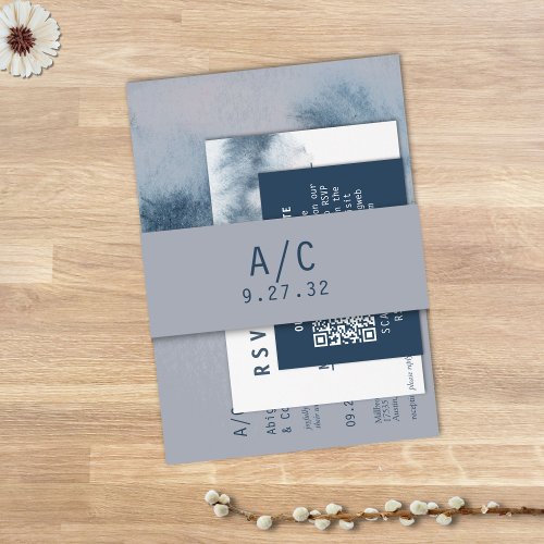 Modern Abstract Slate Blue Gray Mist Watercolor Invitation Belly Band