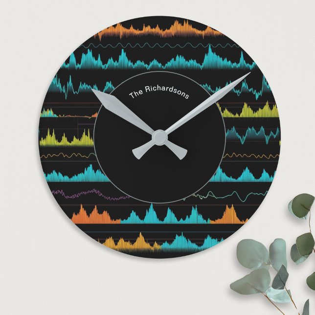 Modern Abstract Sound Wave Pattern Personalized Round Clock (A stylish personalized wall clock, with a pattern like sound waves in blue, green and orange)