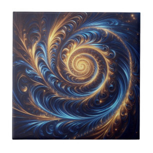 Modern Abstract Space Royal Blue and Gold Swirls Ceramic Tile