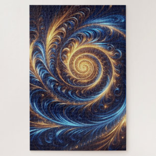 Modern Abstract Space Royal Blue and Gold Swirls Jigsaw Puzzle
