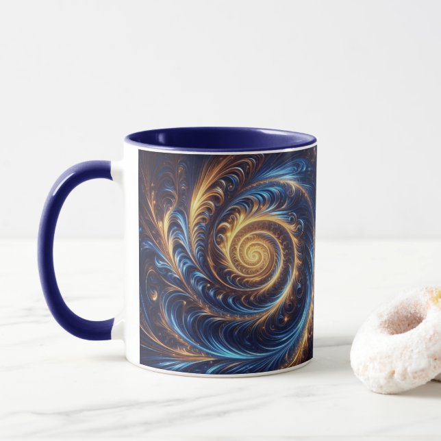 Modern Abstract Space Royal Blue and Gold Swirls  Mug (With Donut)