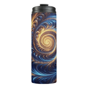 Modern Abstract Space Royal Blue and Gold Swirls Thermal Tumbler