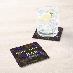 Modern Abstract Star of David Blue Bar Mitzvah Square Paper Coaster