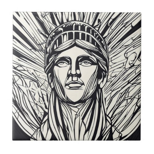 Modern Abstract Statue of Liberty Line Art Ceramic Tile