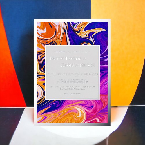 Modern Abstract Stylish Galaxy Wavy Silver Wedding Foil Invitation