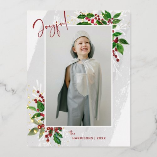 Modern Abstract Swashes Holly  Sparkles Photo Foil Holiday Postcard